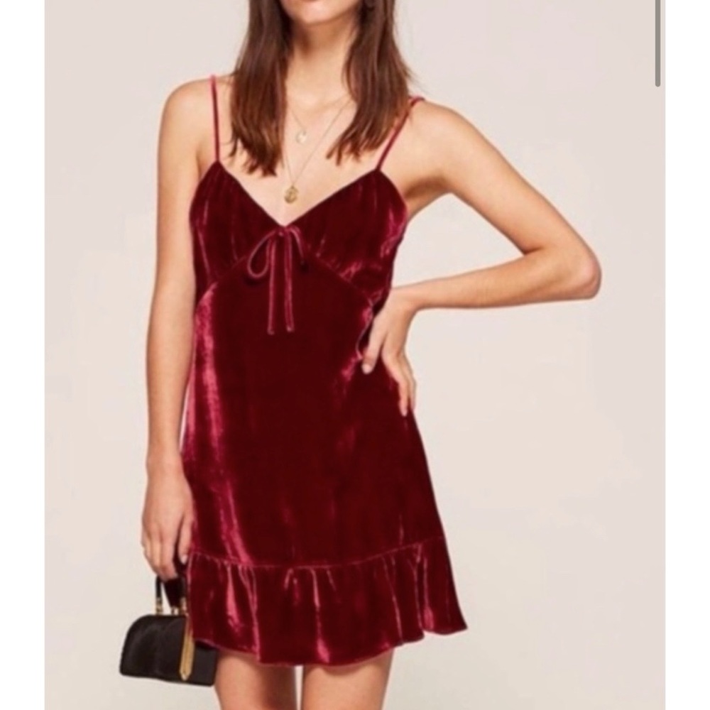 Reformation Red Polly Crimson Velvet Mini Dress